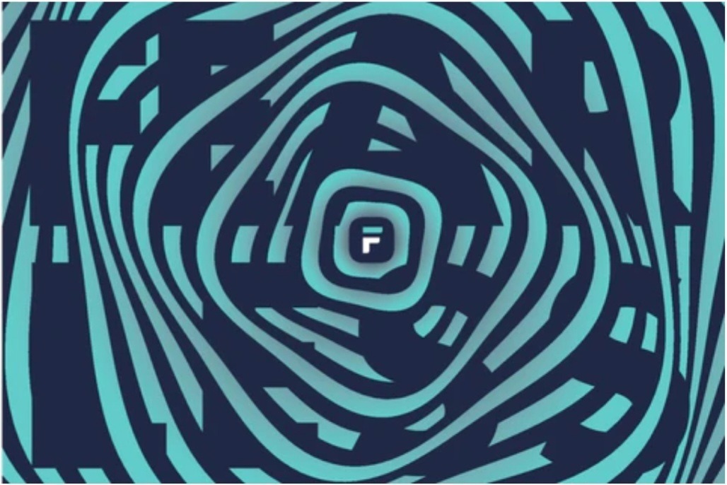 An abstract optical illusion with teal swirling lines on a dark blue background creating a tunnel effect.