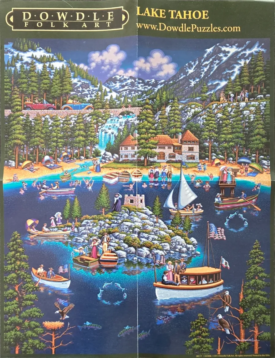 Folk art illustration of Lake Tahoe featuring mountains, a shoreline house, and various boats on the blue water.