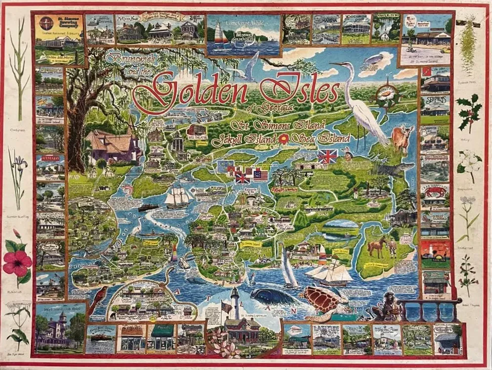 An illustrated map of the Golden Isles of Georgia surrounded by a border of small vignettes and local flora.