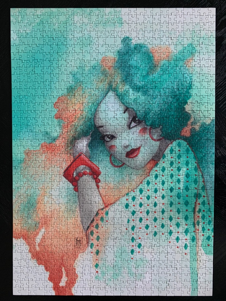 An illustration of a stylized woman with voluminous teal hair against a soft watercolor background of peach and green.
