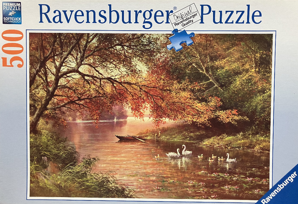 An oil painting of a tranquil autumnal pond with swans and a small boat under overhanging trees.