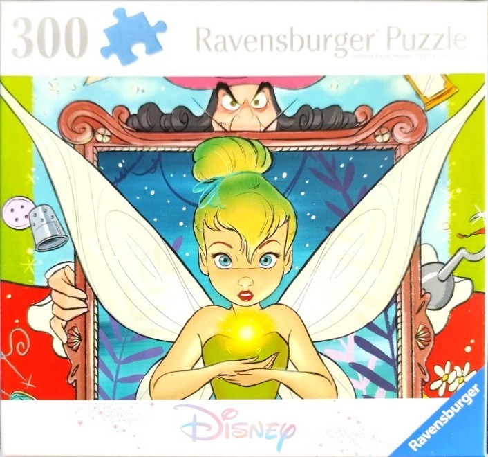 Illustration of Tinker Bell centered in a picture frame held by Captain Hook