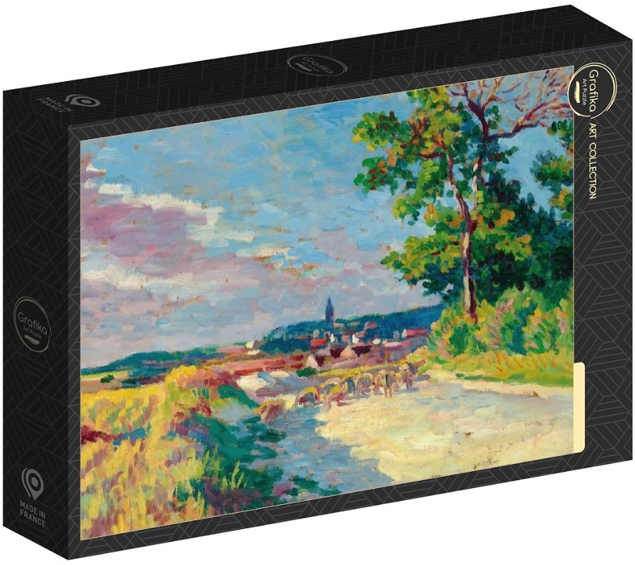 Impressionist oil painting of a sunlit riverbank, a village in the distance, and a large tree under a cloudy sky.