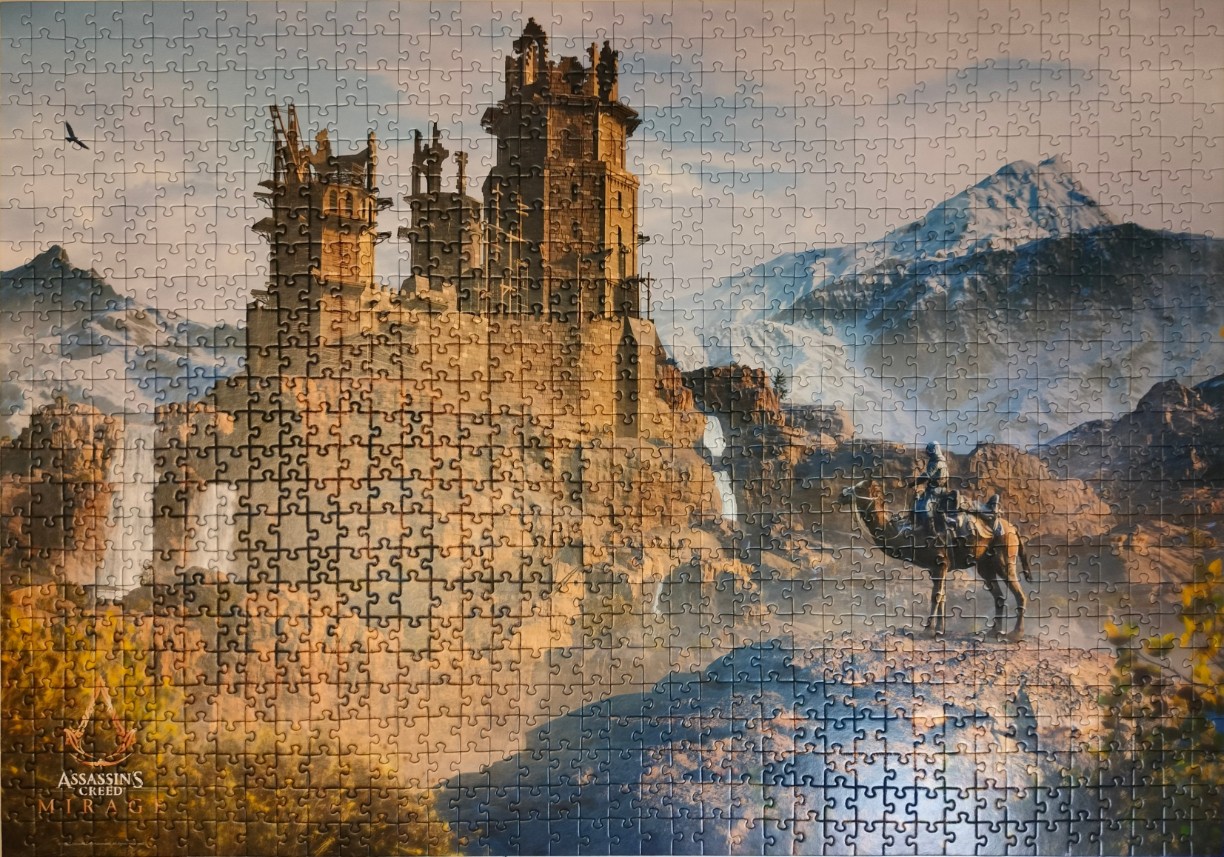 A digital illustration of a stone fortress nestled in snowy mountains with a lone rider on a camel in the foreground.