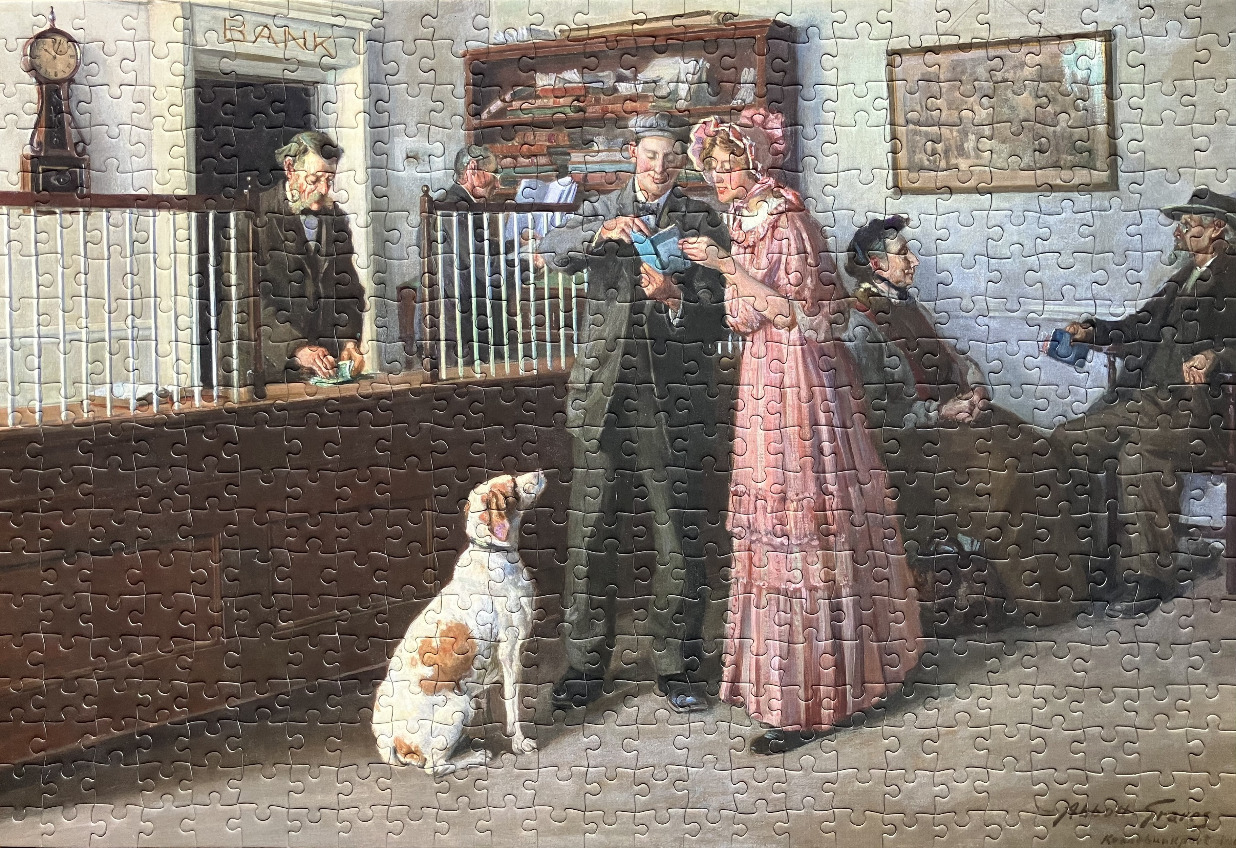 A nostalgic painting of customers at a vintage bank counter with a dog in the foreground.