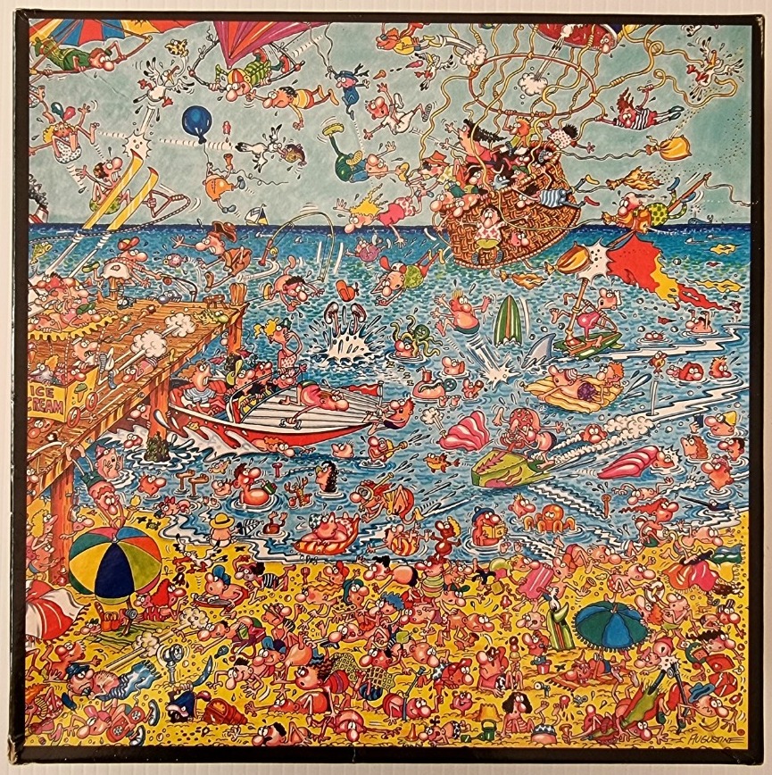 A crowded, chaotic cartoon beach scene filled with humorous activities, water sports, and hundreds of quirky characters.