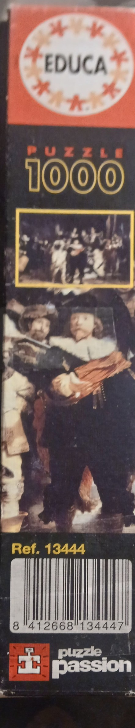 A reproduction of Rembrandt's The Night Watch featuring a group of militia men in dark 17th-century attire.