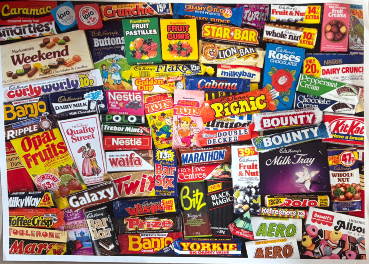 A dense, colorful collage of vintage candy bar wrappers and product packaging from the mid-to-late 20th century.