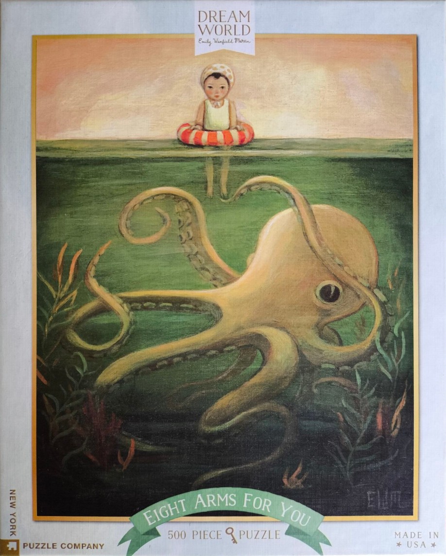 An illustration of a child in a swimming tube floating above a large, gentle octopus in deep green water.
