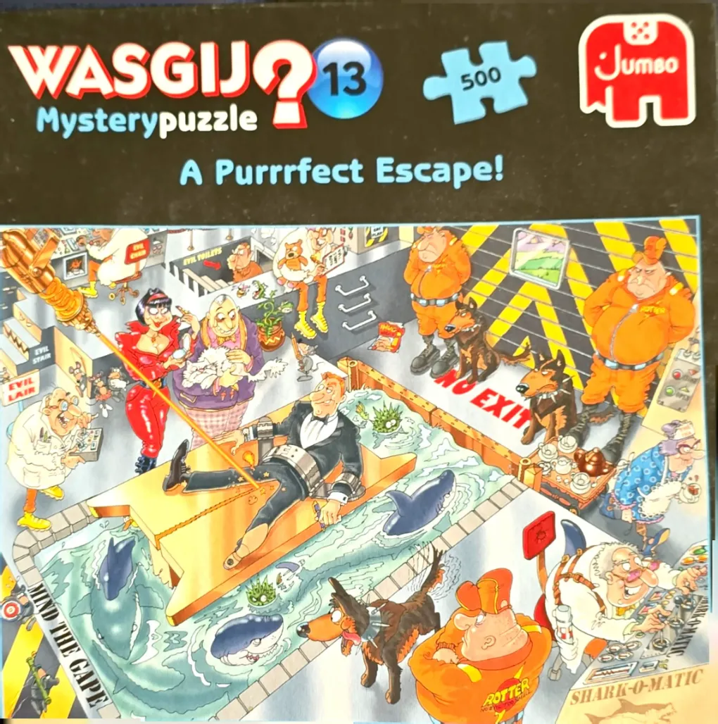 A chaotic cartoon scene of a tuxedoed man strapped to a board over a shark-infested pool in a villainous lair.
