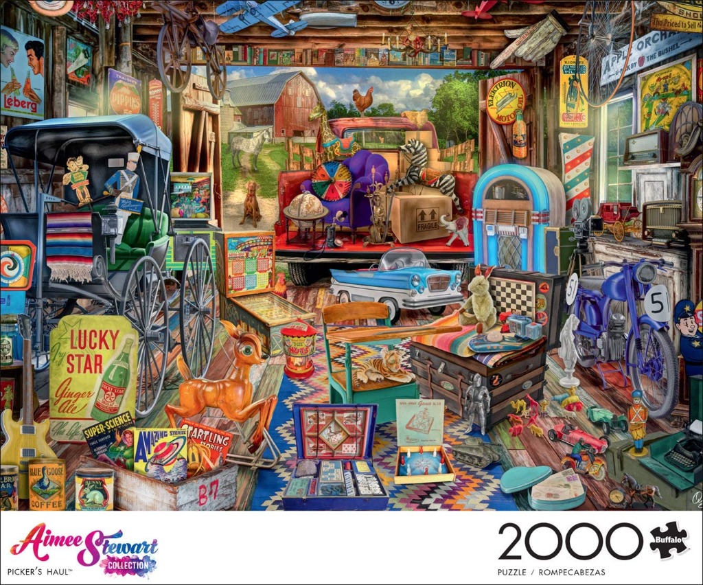A cluttered antique barn interior filled with vintage toys, a carriage, a truck, and assorted retro collectibles.