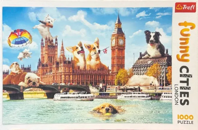 Dogs superimposed over the London skyline including the Houses of Parliament and Big Ben.