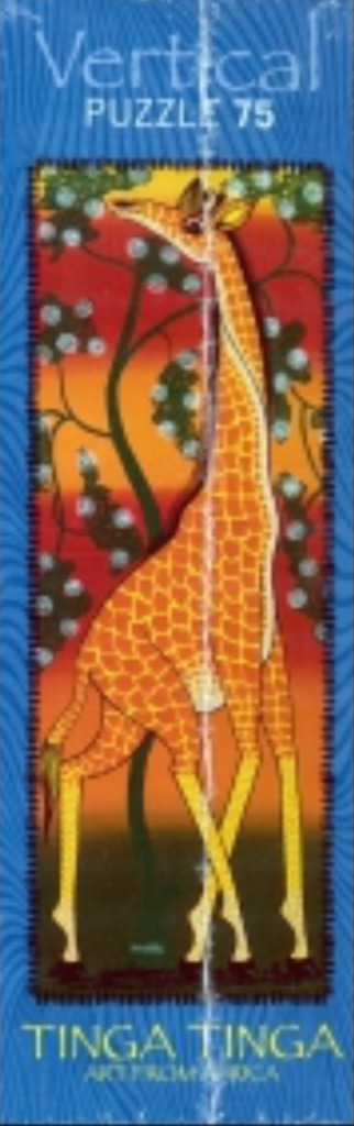 A vertical painting of a giraffe in the distinctive Tingatinga style with vibrant colors and bold outlines.