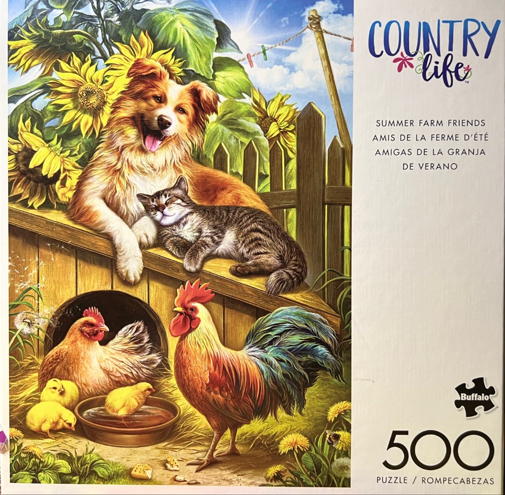 An illustration of a dog, cat, rooster, and chicks in a sunny farmyard with sunflowers.