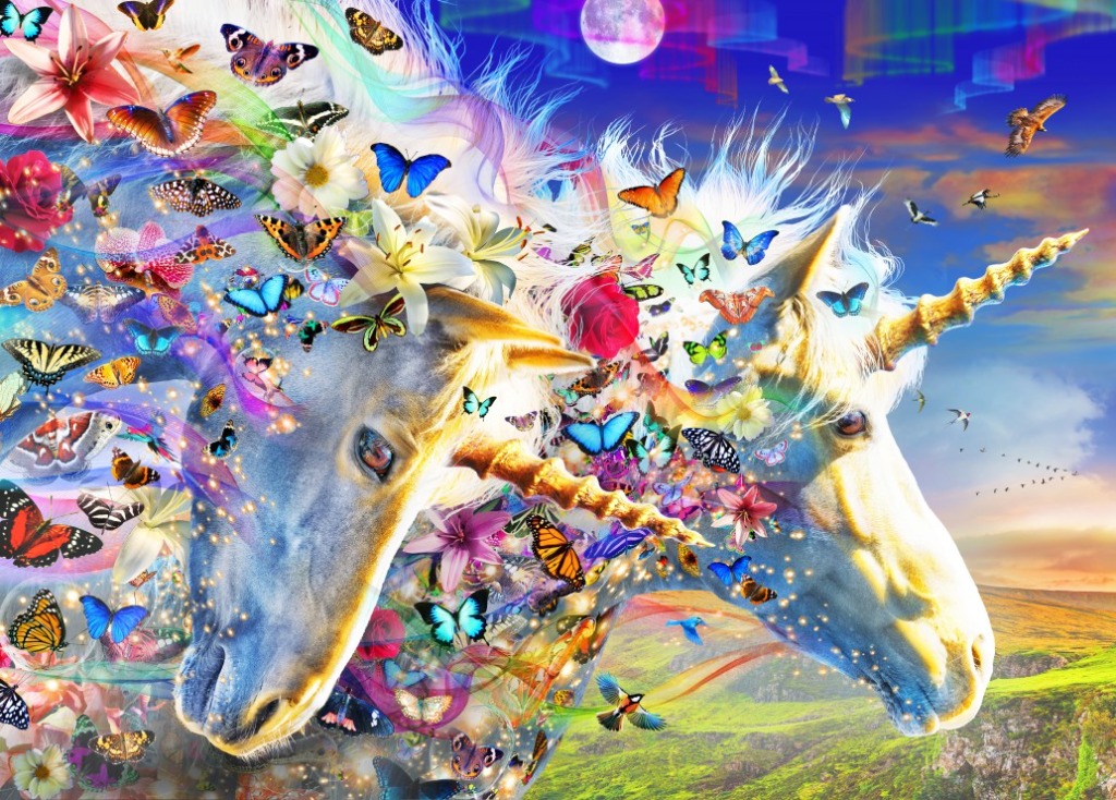 Two ethereal unicorns decorated with butterflies and flowers under a vibrant sky.