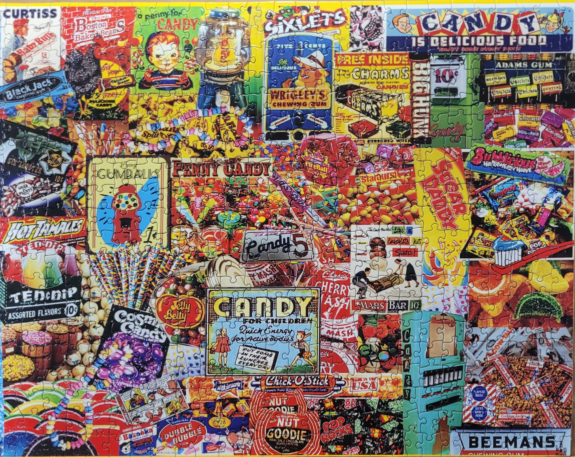 A vibrant collage of vintage candy advertisements and confectionery packaging.