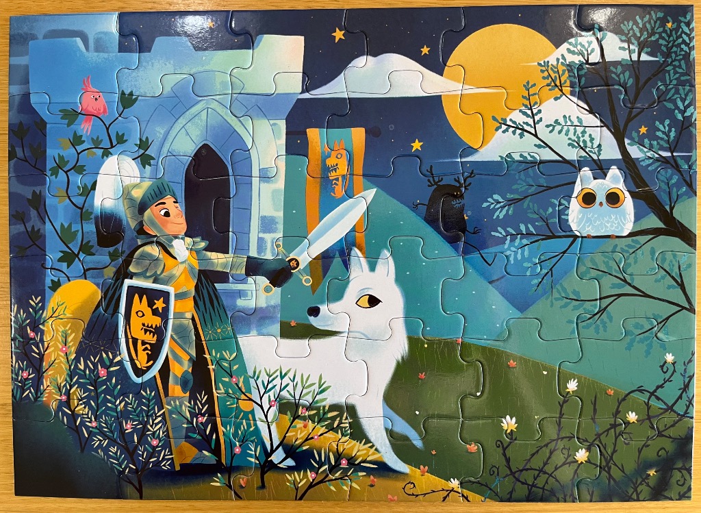 A whimsical illustration of a young knight, a white wolf, and an owl outside a castle at night.