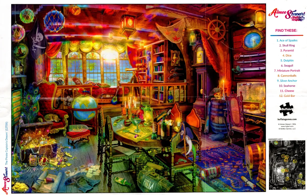 A vibrant, treasure-filled pirate captain's cabin with warm lighting and detailed nautical artifacts.