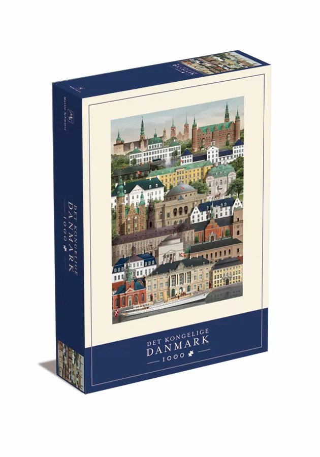 Illustration of Danish royal palaces and buildings stacked in a vertical collage