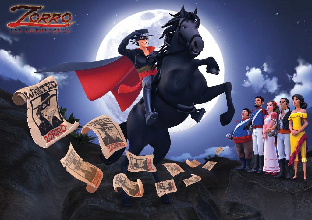 Zorro riding a rearing black horse in front of a giant full moon, surrounded by floating wanted posters.