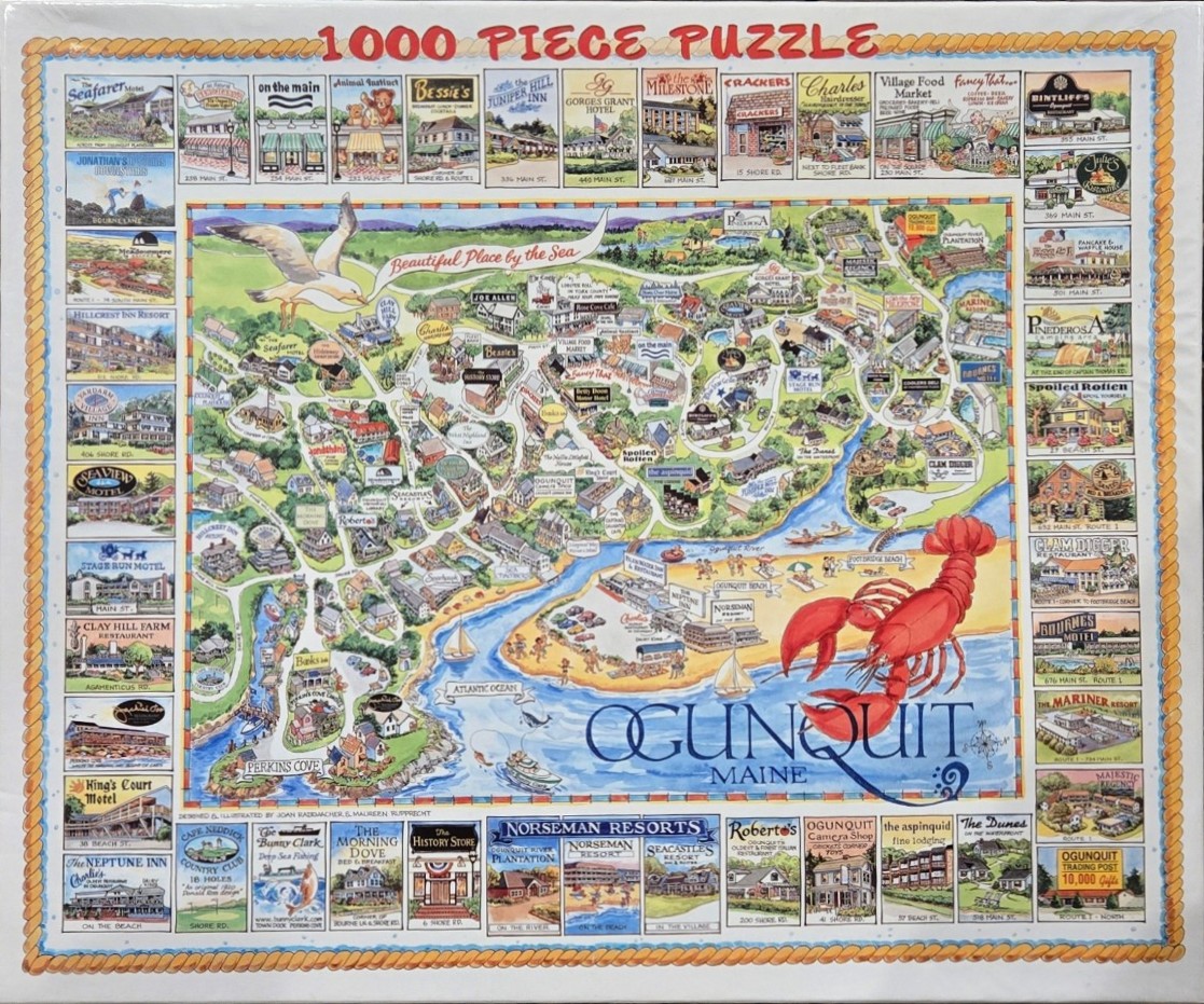 A whimsical, hand-painted map of Ogunquit, Maine, surrounded by individual illustrations of local businesses.