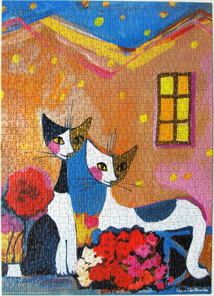 Stylized painting of two cats with roses in front of a warm-toned house