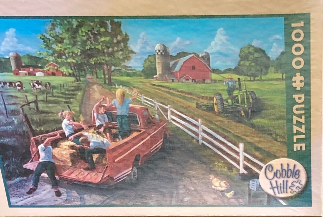 A nostalgic rural scene with children in the back of a red pickup truck on a farm, painted in an illustrative style.