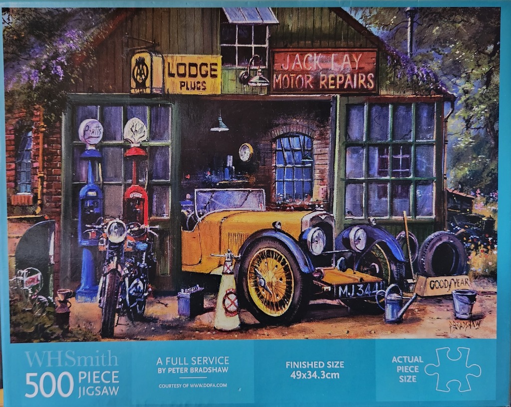 A nostalgic painting of a vintage motor repair shop featuring a yellow antique car and a motorcycle.