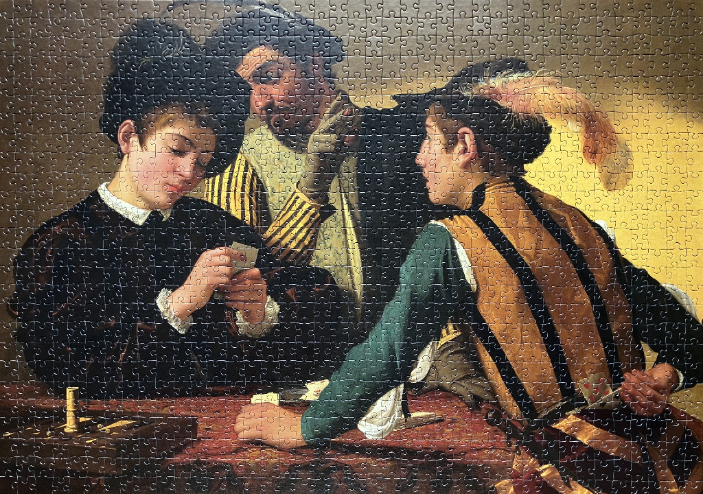 Oil painting of three men playing cards at a table, featuring rich Renaissance-style costumes.