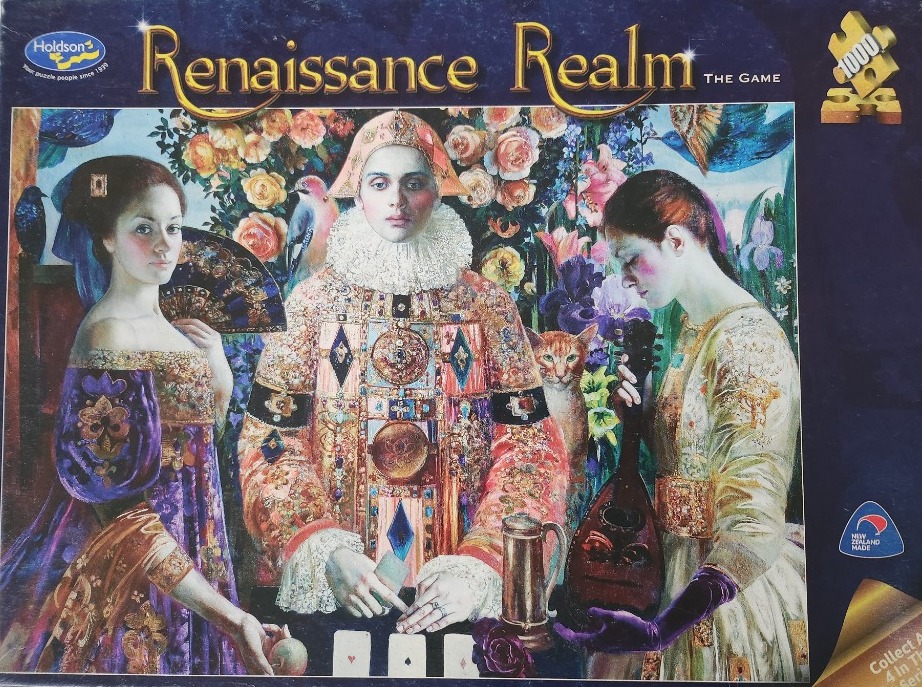 Three figures in ornate Renaissance-style clothing and floral decor