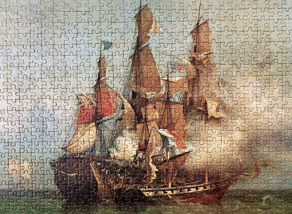 Oil painting of a large sailing ship engaged in a naval battle with smoke and tattered flags.