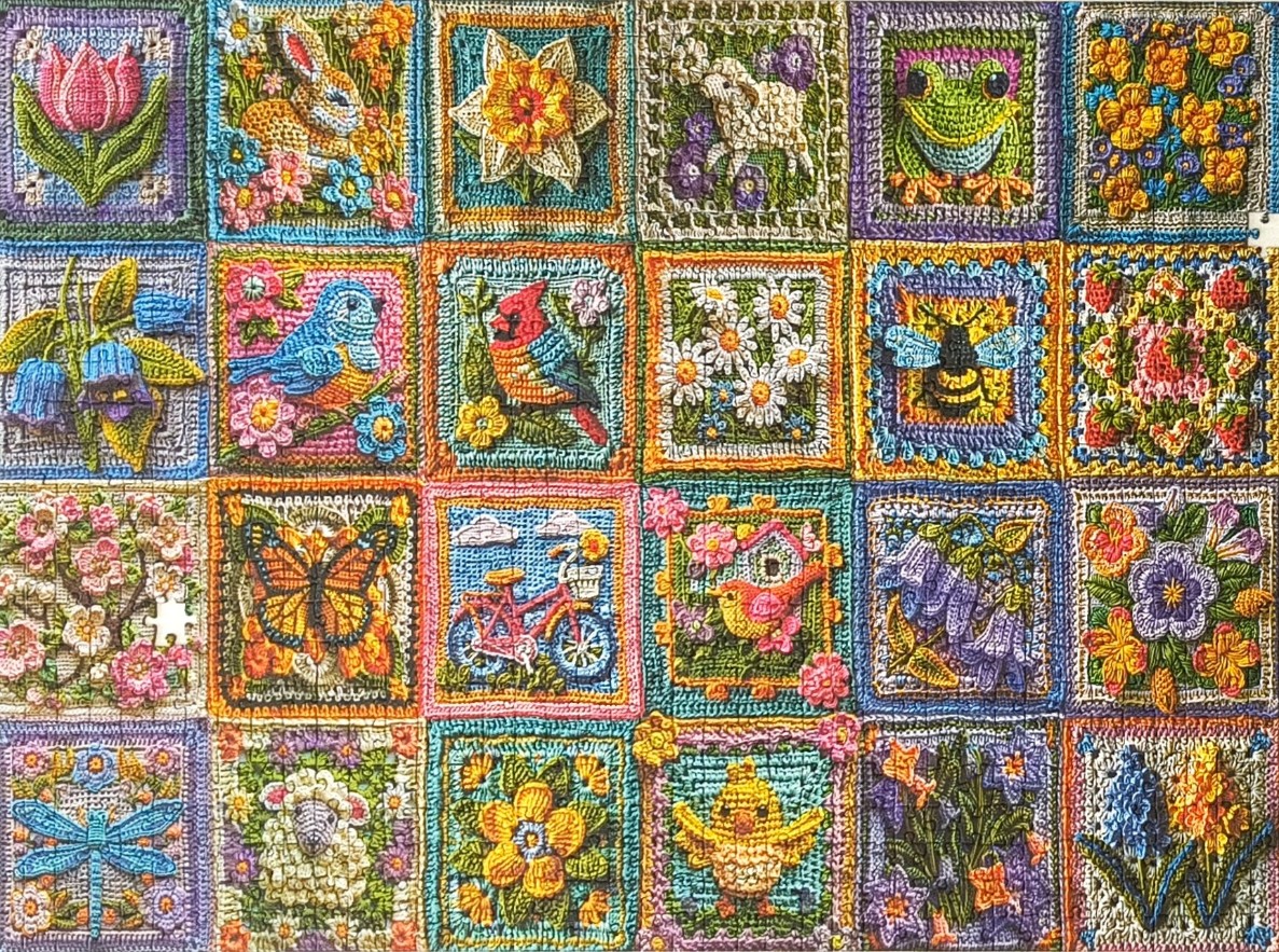 A quilt-style grid of squares featuring crocheted depictions of spring flowers, animals, and garden themes.