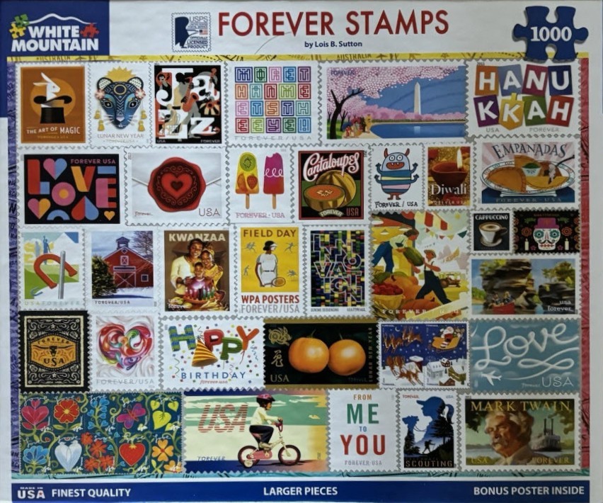 A collage of various colorful postage stamp designs featuring diverse American cultural, holiday, and artistic themes.