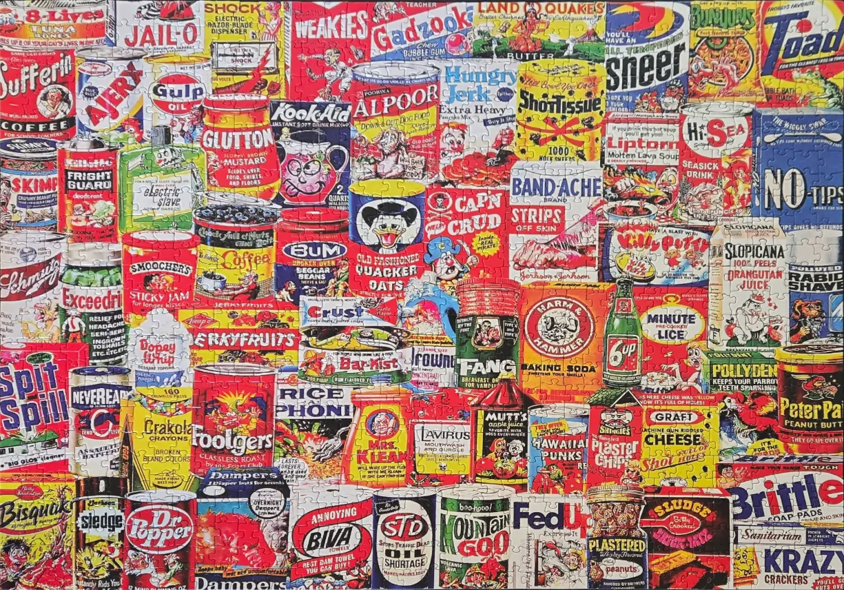 A collage of parodied brand names and product labels on tin cans and boxes in bright, garish colors.