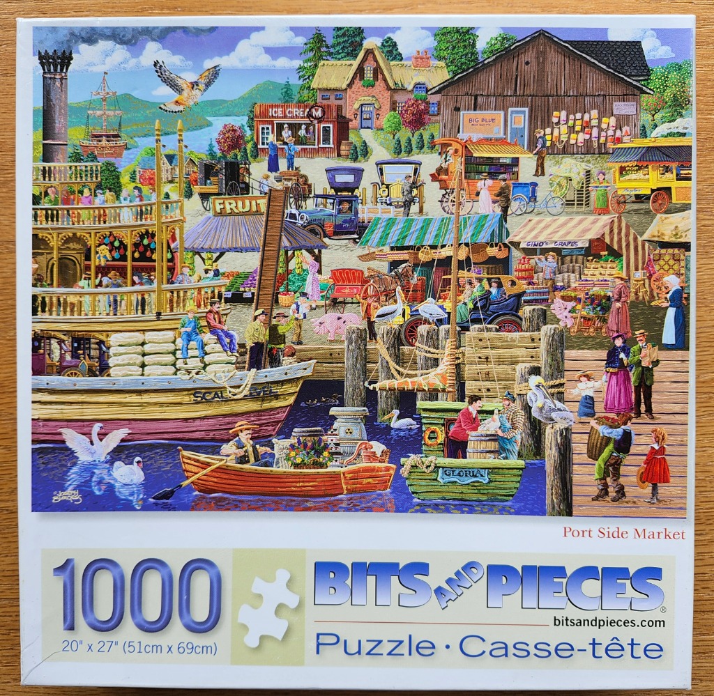 A bustling port-side market scene with a large steamboat, small rowboats, and various vendor stalls.