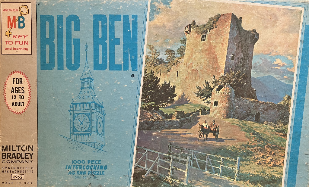 A painting of a ruined stone castle with a person riding a donkey-drawn cart on a road in the foreground.