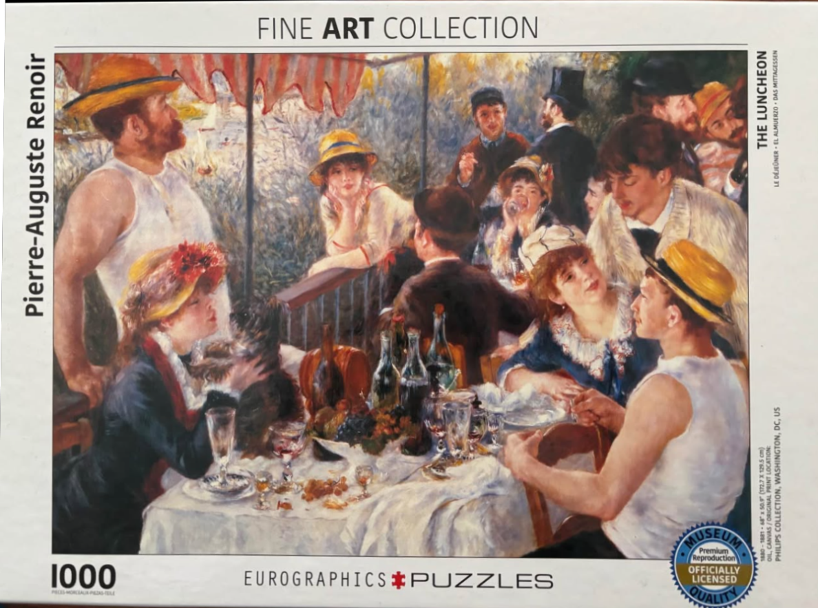 Renoir's Luncheon of the Boating Party oil painting depicting a group of people socializing on a balcony.
