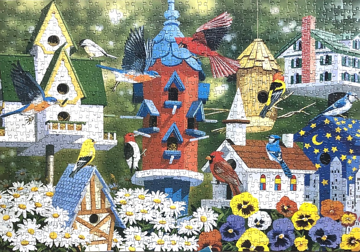 A vibrant garden scene filled with colorful birdhouses, various birds, and lush flowers.