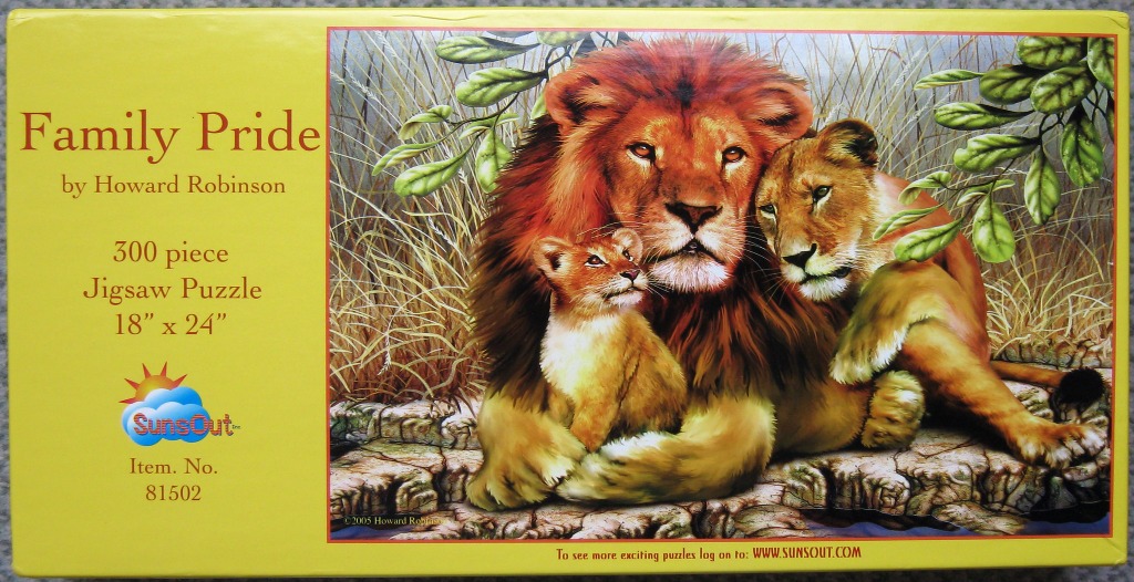 A pride of lions, including a male, female, and cub, resting together in tall grass.