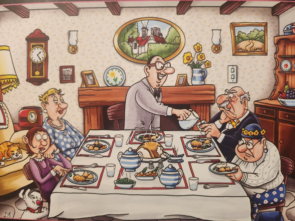 Cartoon illustration of five people and two pets at a formal dinner table with a man serving drinks.