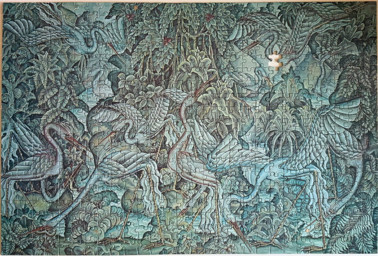 A lush jungle scene filled with several large, pale wading birds among dense foliage.