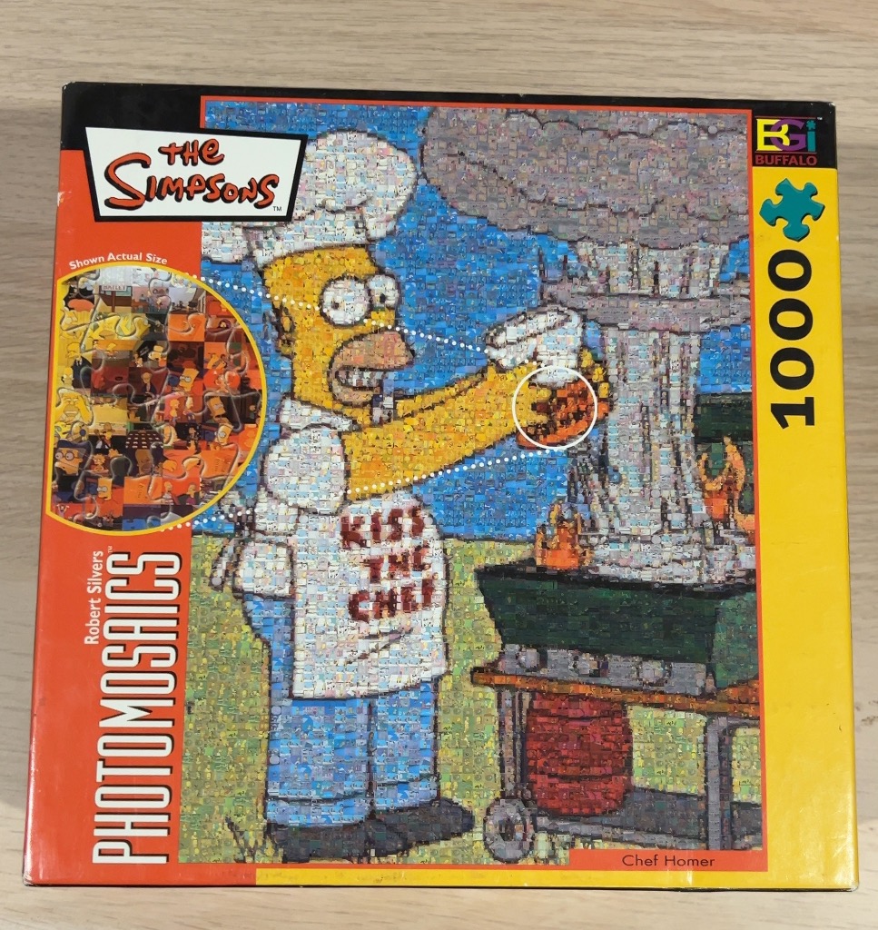 A photomosaic image of Homer Simpson as a chef grilling in front of a giant smoke cloud.