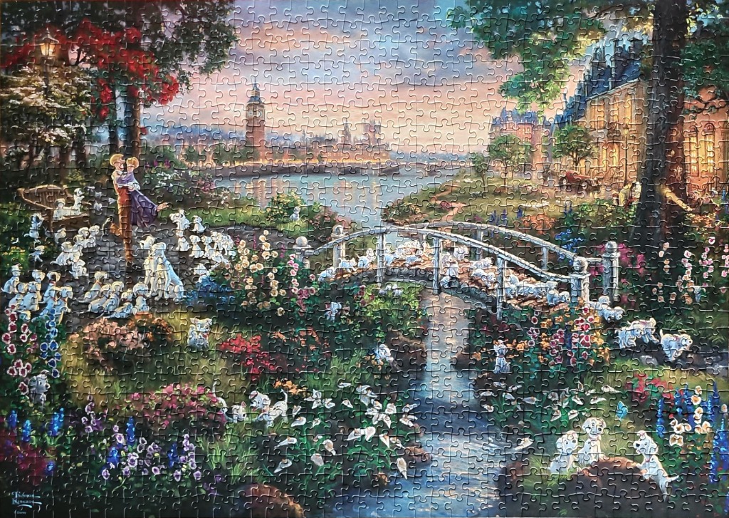 A romantic scene featuring a couple and many puppies in a lush garden by the Thames with the London skyline at sunset.