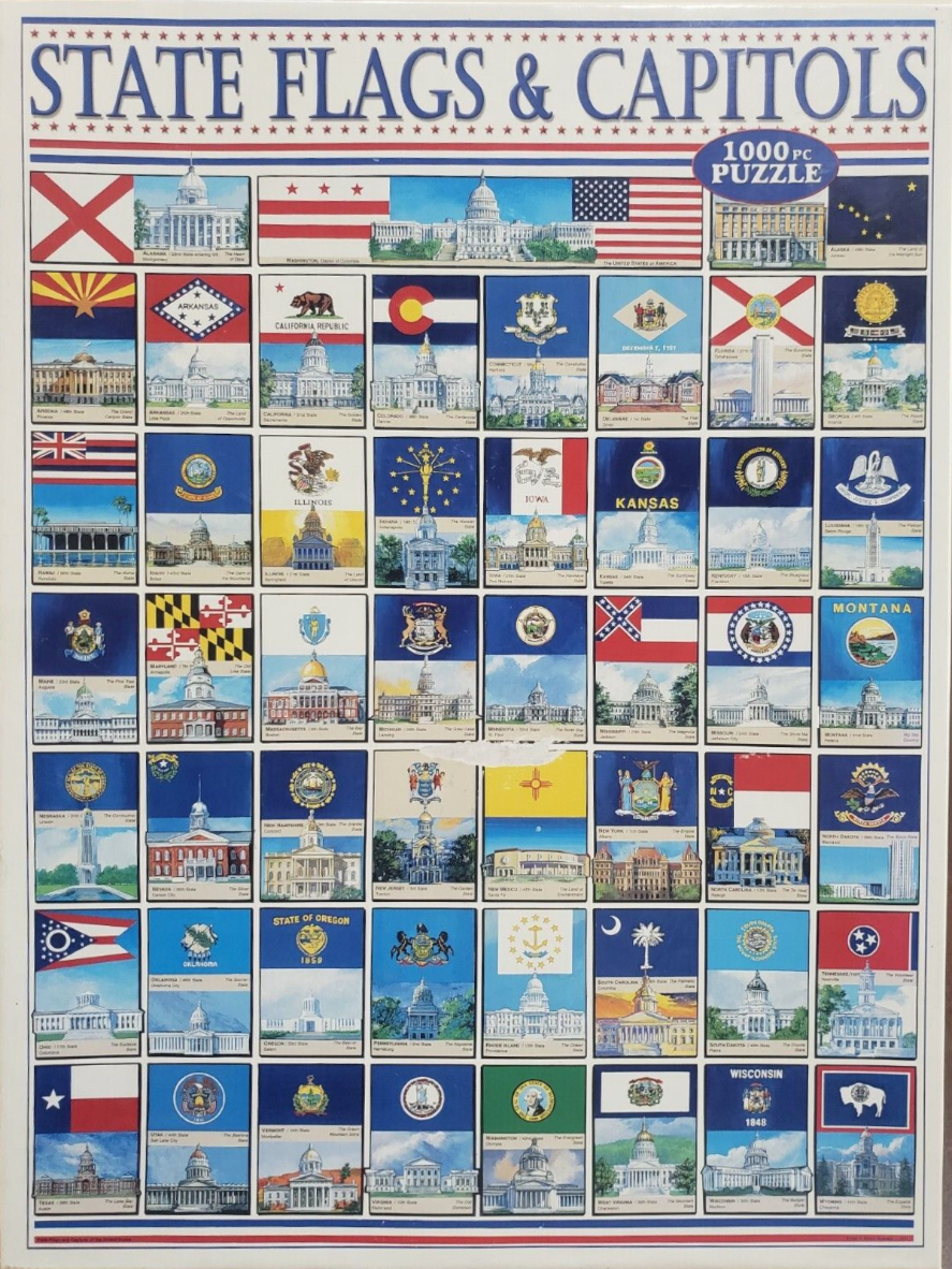 A grid of 50 U.S. state flags paired with their respective state capitol buildings.