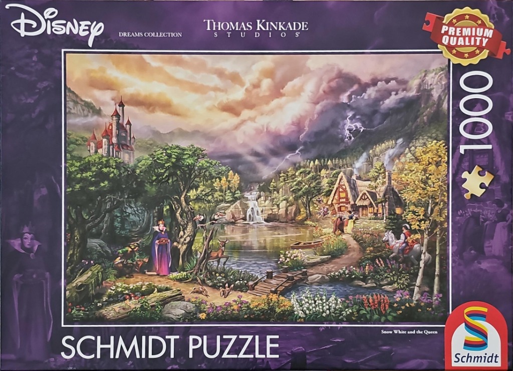 A romanticized landscape painting of Snow White and the Evil Queen featuring a castle, a cottage, and a dramatic sky.