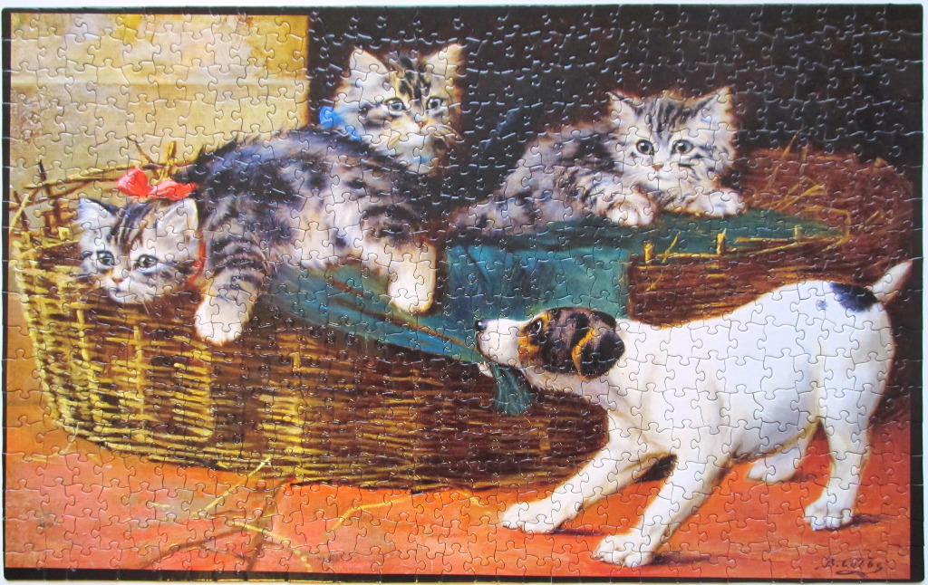 A vintage-style illustration of three kittens in a wicker basket watching a small white puppy.
