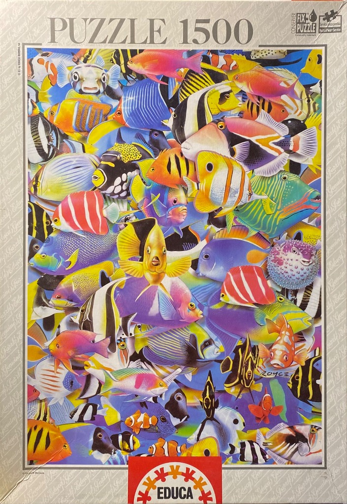 A dense, vibrant underwater illustration featuring dozens of colorful tropical fish packed closely together.