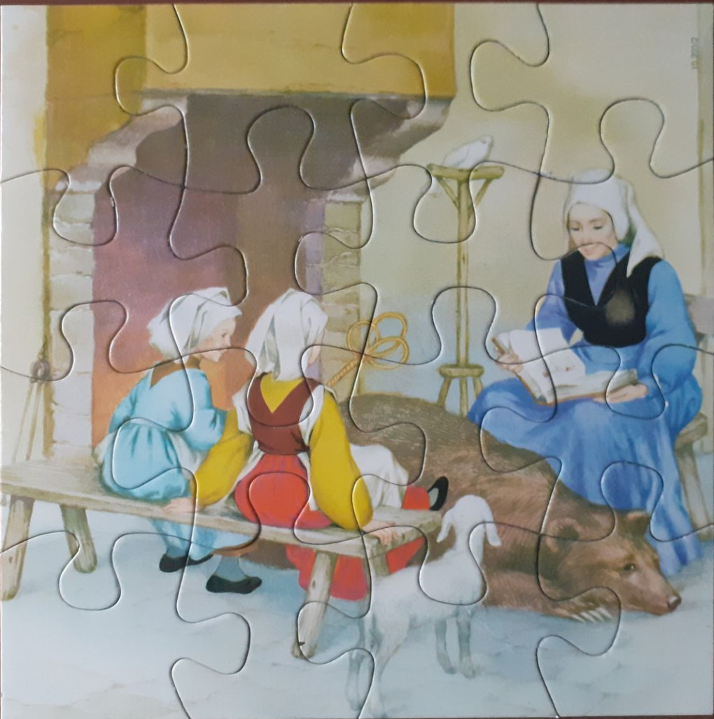 An illustration of a woman reading to two children by a fireplace with a bear and a lamb.