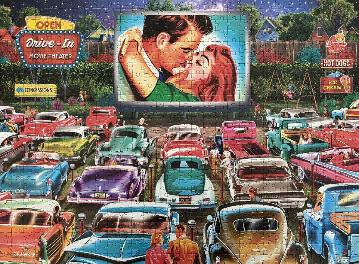 A nostalgic drive-in movie theater scene at night with vintage cars and a romantic film projected on the screen.