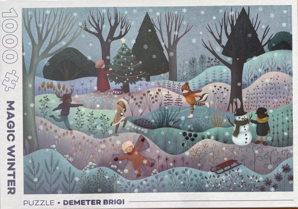 Whimsical illustration of children and anthropomorphic animals playing in a snowy forest scene.